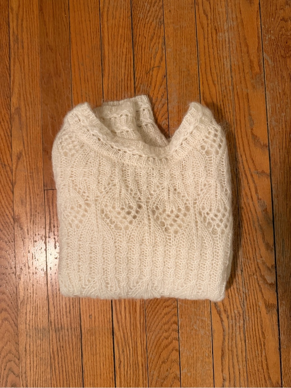RARE**Sezane Cream Openwork Cable Knit, mohair, v-back Sweater - Picture 2 of 7